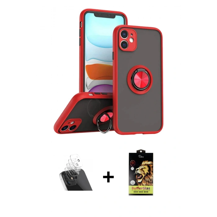 MARSİLYAN™- iPhone 11 Kılıf Yörünge Çizgi - Siyah Buffer Cam Ekran Koruyucu + Şeffaf Kamera Lens Koruma Cam