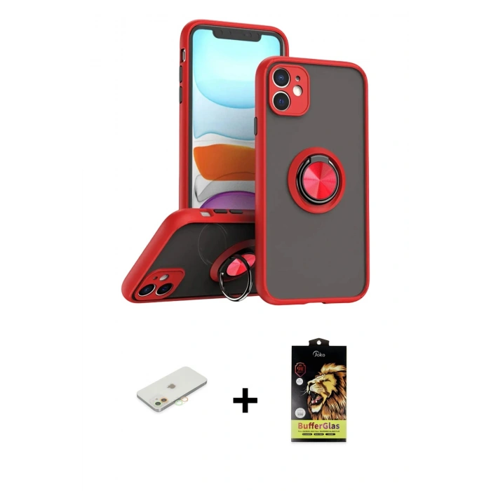 MARSİLYAN™- iPhone 11 Kılıf Yörünge Çizgi - Siyah Buffer Cam Ekran Koruyucu + Renkli Kamera Lens Koruma Cam - TU