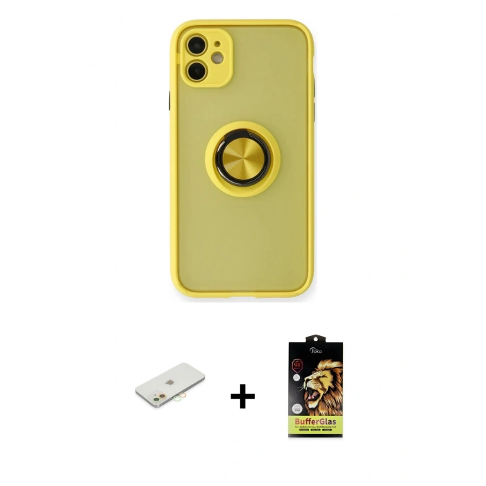 MARSİLYAN™- iPhone 11 Kılıf Yörünge Çizgi - Siyah Buffer Cam Ekran Koruyucu + Renkli Kamera Lens Koruma Cam - TU