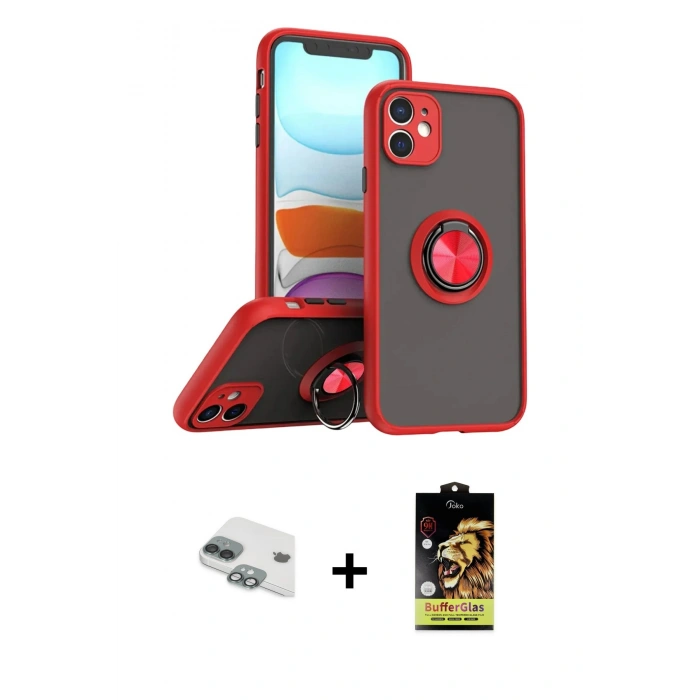 MARSİLYAN™- iPhone 11 Kılıf Yörünge Çizgi - Siyah Buffer Cam Ekran Koruyucu + Yeşil Pers Alüminyum Kamera Lens