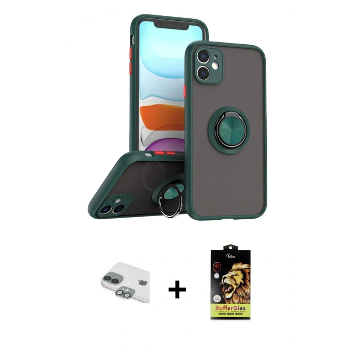 MARSİLYAN™- iPhone 11 Kılıf Yörünge Çizgi - Siyah Buffer Cam Ekran Koruyucu + Yeşil Pers Alüminyum Kamera Lens