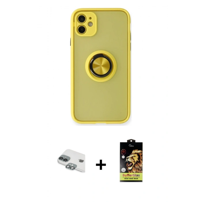 MARSİLYAN™- iPhone 11 Kılıf Yörünge Çizgi - Siyah Buffer Cam Ekran Koruyucu + Yeşil Pers Alüminyum Kamera Lens