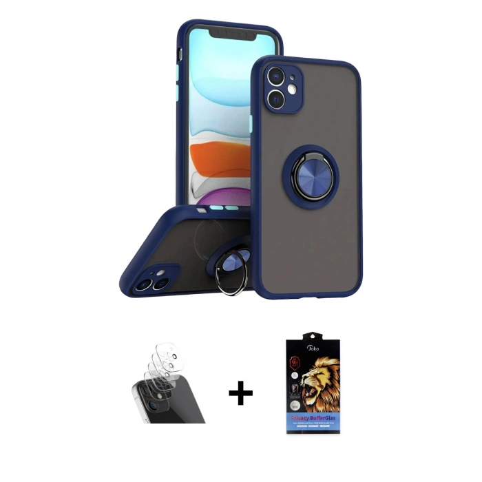MARSİLYAN™- iPhone 11 Kılıf Yörünge Çizgi - Siyah Buffer Hayalet Cam Ekran Koruyucu + Kamera Lens Koruma Cam - SF