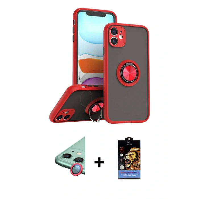 MARSİLYAN™- iPhone 11 Kılıf Yörünge Çizgi - Siyah Buffer Hayalet Cam Ekran Koruyucu + Raze Metal Kamera Lens - KI