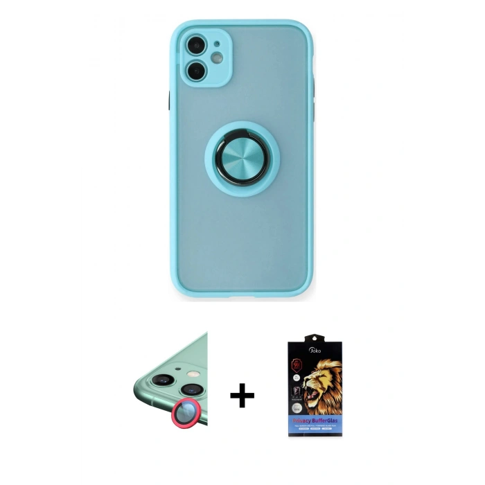 MARSİLYAN™- iPhone 11 Kılıf Yörünge Çizgi - Siyah Buffer Hayalet Cam Ekran Koruyucu + Raze Metal Kamera Lens - KI