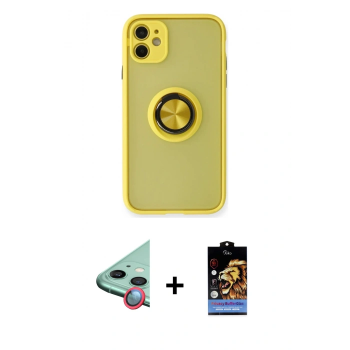 MARSİLYAN™- iPhone 11 Kılıf Yörünge Çizgi - Siyah Buffer Hayalet Cam Ekran Koruyucu + Raze Metal Kamera Lens - KI