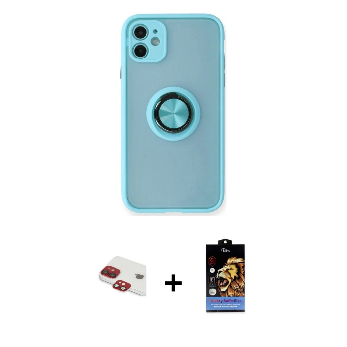 MARSİLYAN™- iPhone 11 Kılıf Yörünge Çizgi - Siyah Buffer Hayalet Cam Ekran Koruyucu + Pers Alüminyum Kamera Lens - KI