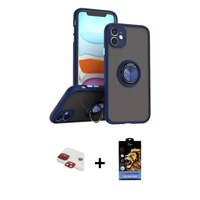 MARSİLYAN™- iPhone 11 Kılıf Yörünge Çizgi - Siyah Buffer Hayalet Cam Ekran Koruyucu + Pers Alüminyum Kamera Lens - KI