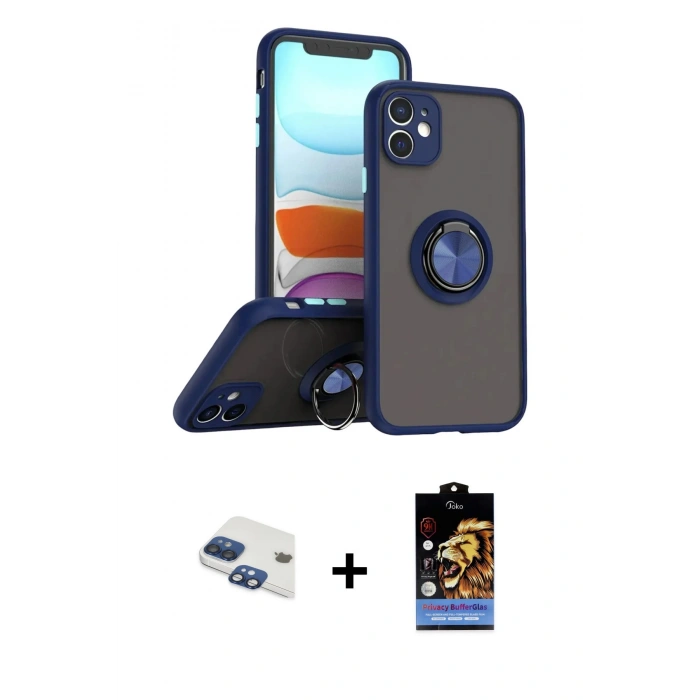 MARSİLYAN™- iPhone 11 Kılıf Yörünge Çizgi - Siyah Buffer Hayalet Cam Ekran Koruyucu + Pers Alüminyum Kamera Lens - LT
