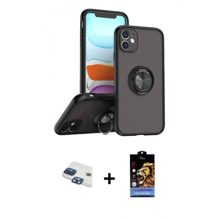 MARSİLYAN™- iPhone 11 Kılıf Yörünge Çizgi - Siyah Buffer Hayalet Cam Ekran Koruyucu + Pers Alüminyum Kamera Lens - LT