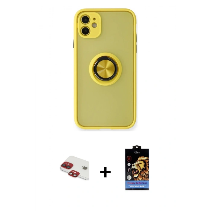 MARSİLYAN™- iPhone 11 Kılıf Yörünge Çizgi - Siyah Buffer Hayalet Cam Ekran Koruyucu + Pers Alüminyum Kamera Lens - KI