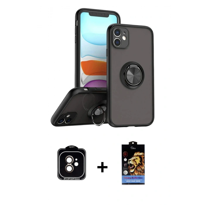MARSİLYAN™- iPhone 11 Kılıf Yörünge Çizgi - Siyah Buffer Hayalet Cam Ekran Koruyucu + PVD Metal Kamera Lens - TU