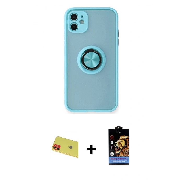 MARSİLYAN™- iPhone 11 Kılıf Yörünge Çizgi - Siyah Buffer Hayalet Cam Ekran Koruyucu + Rainbow Kamera Lens Koruma Cam - KI