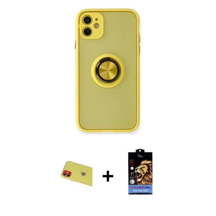 MARSİLYAN™- iPhone 11 Kılıf Yörünge Çizgi - Siyah Buffer Hayalet Cam Ekran Koruyucu + Rainbow Kamera Lens Koruma Cam - KI