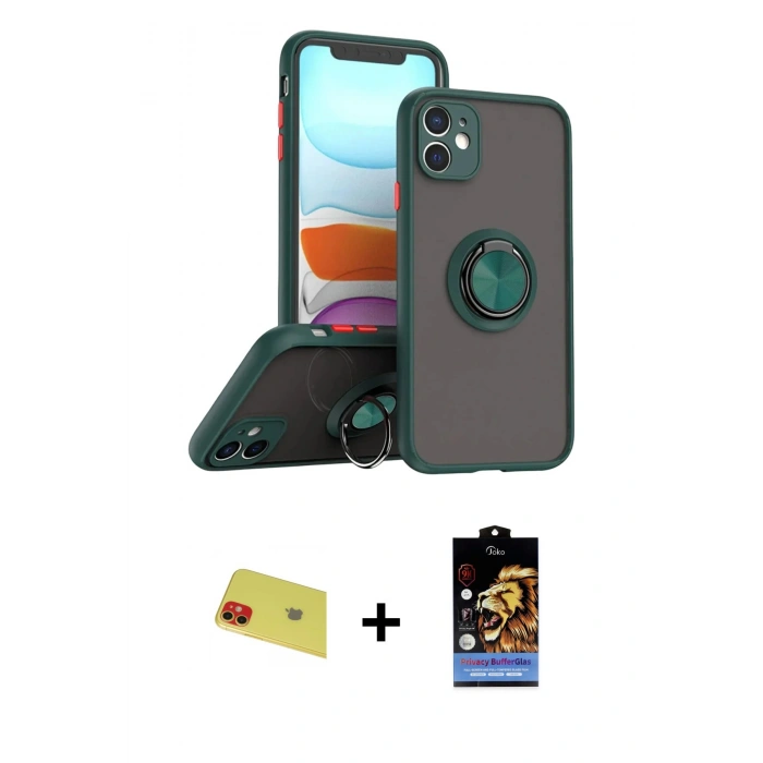 MARSİLYAN™- iPhone 11 Kılıf Yörünge Çizgi - Siyah Buffer Hayalet Cam Ekran Koruyucu + Rainbow Kamera Lens Koruma Cam - KI