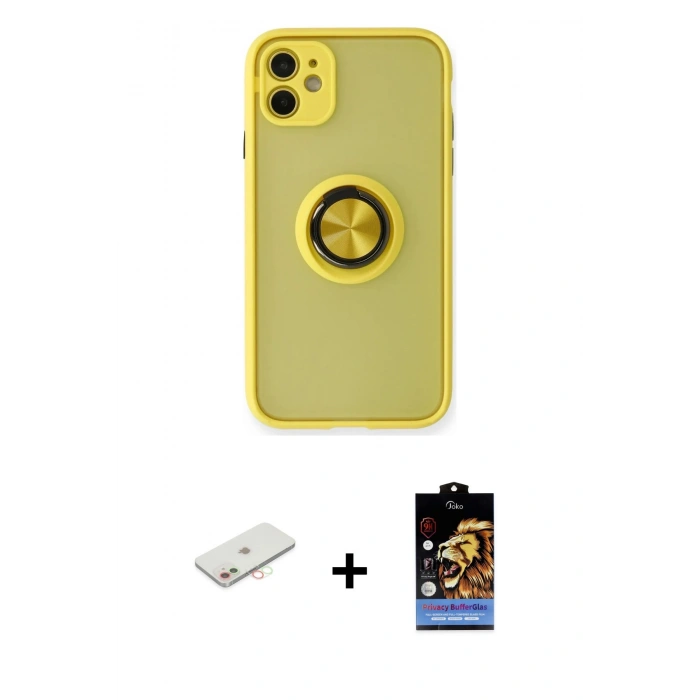 MARSİLYAN™- iPhone 11 Kılıf Yörünge Çizgi - Siyah Buffer Hayalet Cam Ekran Koruyucu + Renkli Kamera Lens Koruma Cam - YL
