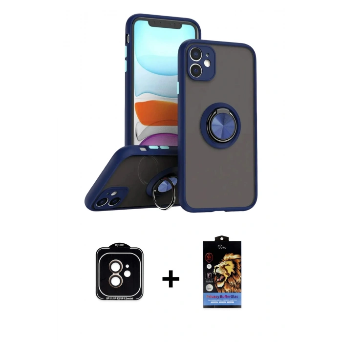 MARSİLYAN™- iPhone 11 Kılıf Yörünge Çizgi - Siyah Buffer Hayalet Cam Ekran Koruyucu + PVD Metal Kamera Lens - TU