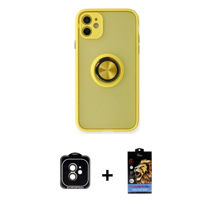 MARSİLYAN™- iPhone 11 Kılıf Yörünge Çizgi - Siyah Buffer Hayalet Cam Ekran Koruyucu + PVD Metal Kamera Lens - TU