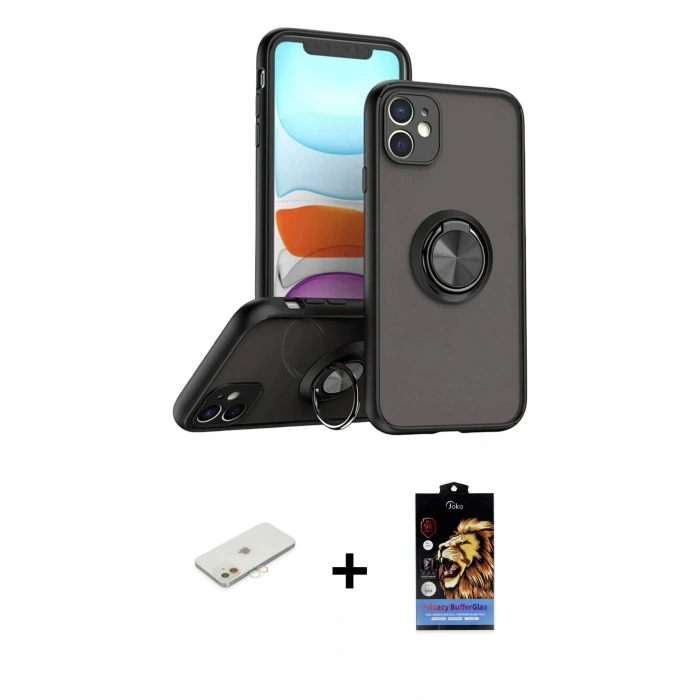 MARSİLYAN™- iPhone 11 Kılıf Yörünge Çizgi - Siyah Buffer Hayalet Cam Ekran Koruyucu + Renkli Kamera Lens Koruma Cam - TU