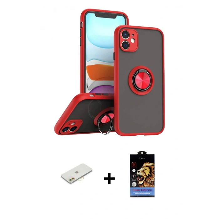 MARSİLYAN™- iPhone 11 Kılıf Yörünge Çizgi - Siyah Buffer Hayalet Cam Ekran Koruyucu + Renkli Kamera Lens Koruma Cam - TU