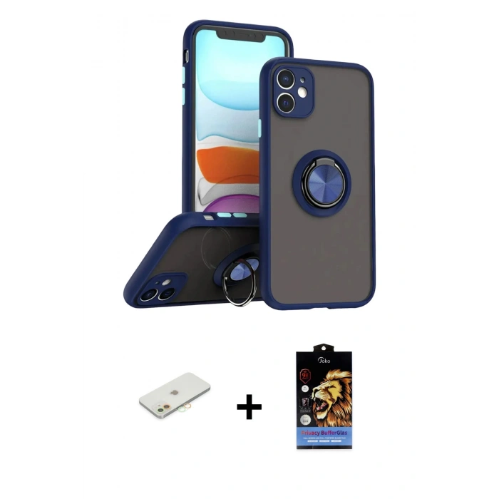 MARSİLYAN™- iPhone 11 Kılıf Yörünge Çizgi - Siyah Buffer Hayalet Cam Ekran Koruyucu + Renkli Kamera Lens Koruma Cam - TU