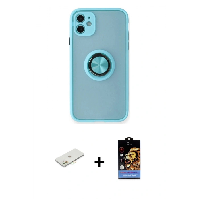 MARSİLYAN™- iPhone 11 Kılıf Yörünge Çizgi - Siyah Buffer Hayalet Cam Ekran Koruyucu + Renkli Kamera Lens Koruma Cam - TU