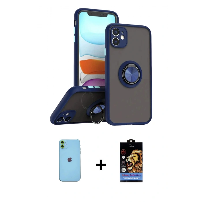 MARSİLYAN™- iPhone 11 Kılıf Yörünge Çizgi - Siyah Buffer Hayalet Cam Ekran Koruyucu + Neon Fosforlu Kamera Lens - YL
