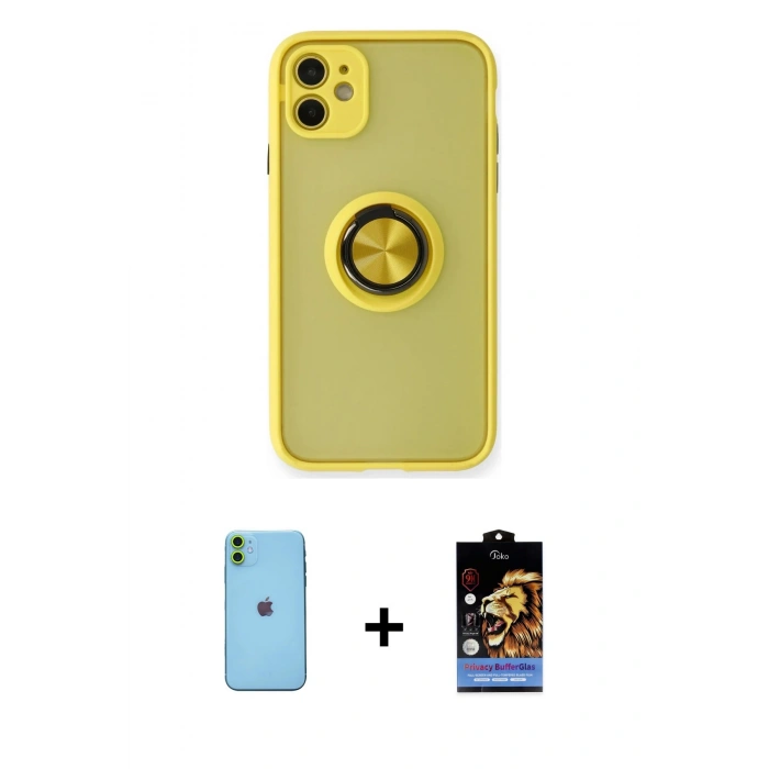 MARSİLYAN™- iPhone 11 Kılıf Yörünge Çizgi - Siyah Buffer Hayalet Cam Ekran Koruyucu + Neon Fosforlu Kamera Lens - YL