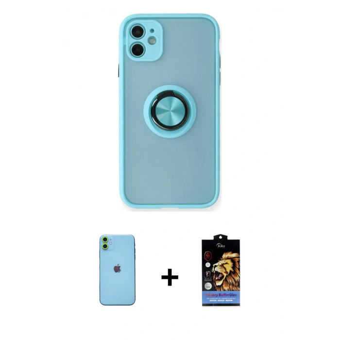 MARSİLYAN™- iPhone 11 Kılıf Yörünge Çizgi - Siyah Buffer Hayalet Cam Ekran Koruyucu + Neon Fosforlu Kamera Lens - YL