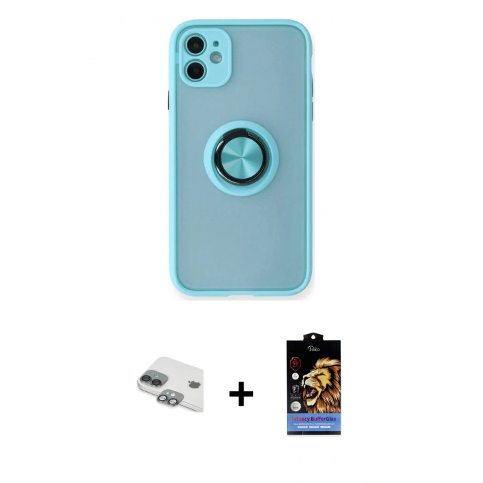 MARSİLYAN™- iPhone 11 Kılıf Yörünge Çizgi - Siyah Buffer Hayalet Cam Ekran Koruyucu + Pers Alüminyum Kamera Lens - YL