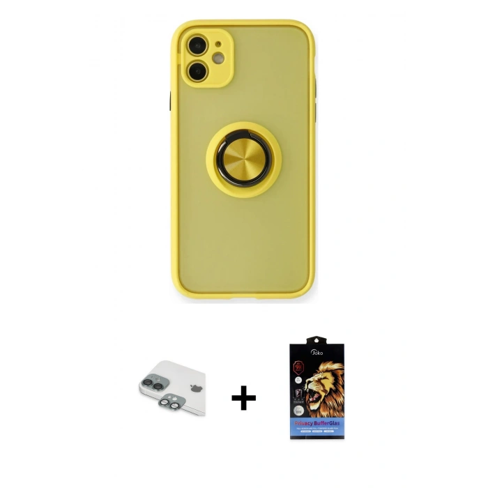MARSİLYAN™- iPhone 11 Kılıf Yörünge Çizgi - Siyah Buffer Hayalet Cam Ekran Koruyucu + Pers Alüminyum Kamera Lens - YL