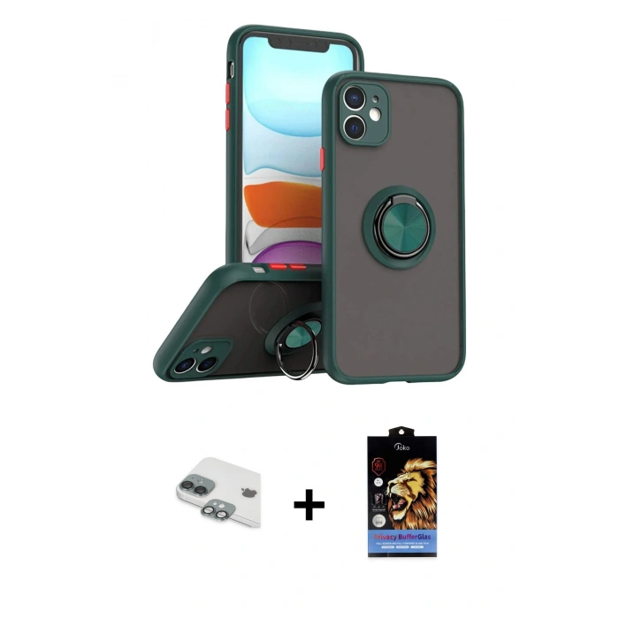 MARSİLYAN™- iPhone 11 Kılıf Yörünge Çizgi - Siyah Buffer Hayalet Cam Ekran Koruyucu + Pers Alüminyum Kamera Lens - YL