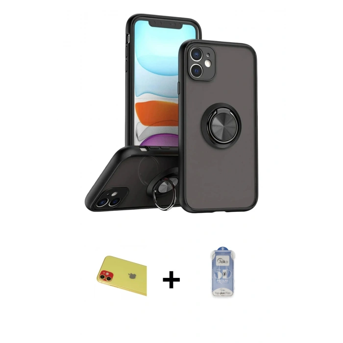 MARSİLYAN™- iPhone 11 Kılıf Yörünge Çizgi - Siyah Joko Magic 5D Cam + Rainbow Kamera Lens Koruma Cam - KI