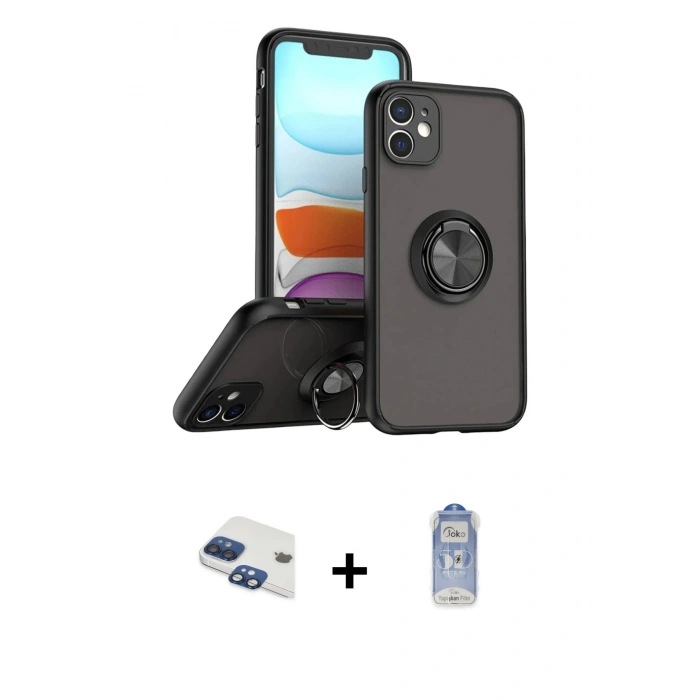 MARSİLYAN™- iPhone 11 Kılıf Yörünge Çizgi - Siyah Joko Magic 5D Cam + Pers Alüminyum Kamera Lens - LT