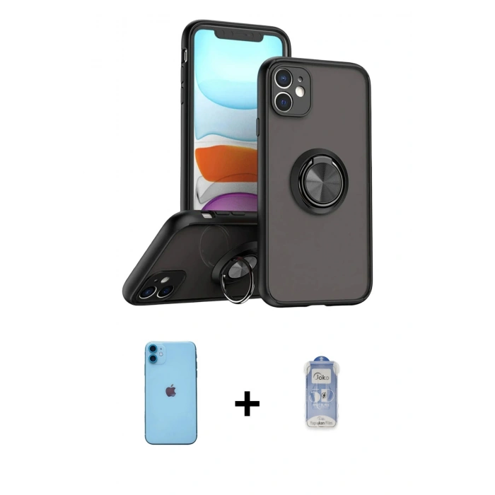 MARSİLYAN™- iPhone 11 Kılıf Yörünge Çizgi - Siyah Joko Magic 5D Cam + Neon Fosforlu Kamera Lens - MI