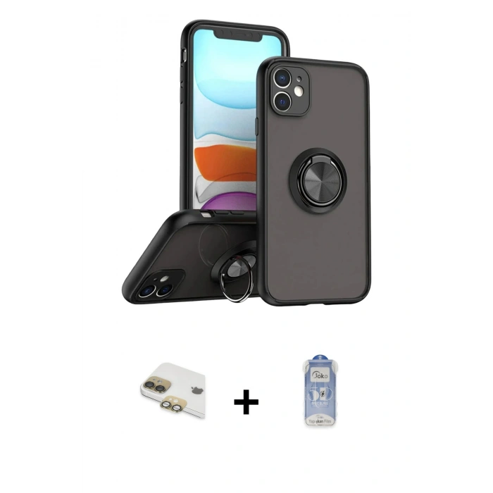 MARSİLYAN™- iPhone 11 Kılıf Yörünge Çizgi - Siyah Joko Magic 5D Cam + Pers Alüminyum Kamera Lens - GD
