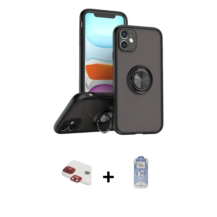 MARSİLYAN™- iPhone 11 Kılıf Yörünge Çizgi - Siyah Joko Magic 5D Cam + Pers Alüminyum Kamera Lens - KI