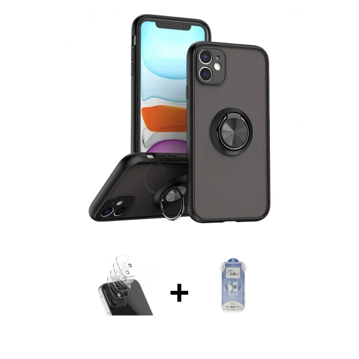 MARSİLYAN™- iPhone 11 Kılıf Yörünge Çizgi - Siyah Joko Magic 5D Cam + Kamera Lens Koruma Cam - SF