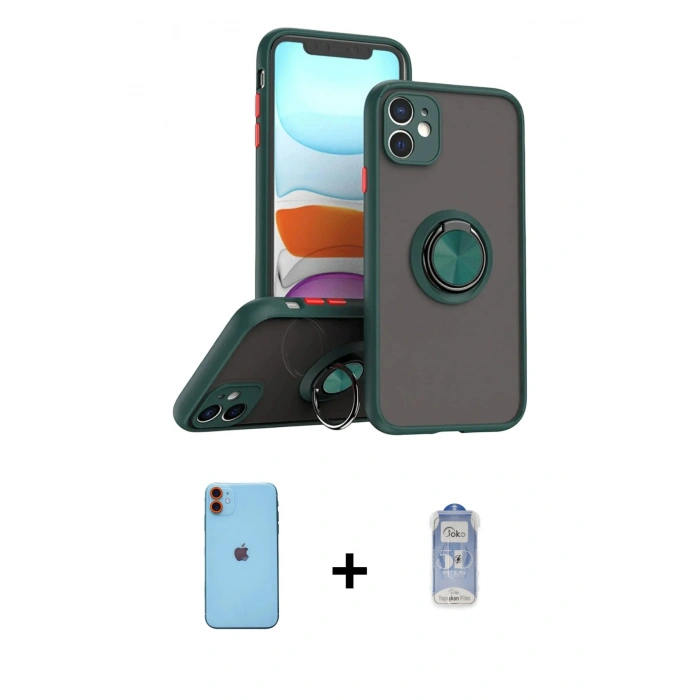 MARSİLYAN™- iPhone 11 Kılıf Yörünge Çizgi - Siyah Joko Magic 5D Cam + Neon Fosforlu Kamera Lens - TU