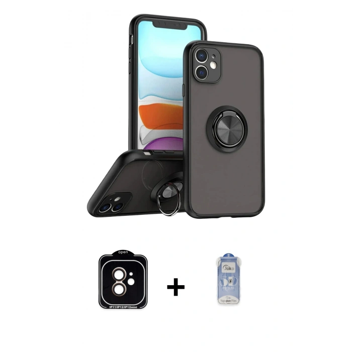 MARSİLYAN™- iPhone 11 Kılıf Yörünge Çizgi - Siyah Joko Magic 5D Cam + PVD Metal Kamera Lens - TU