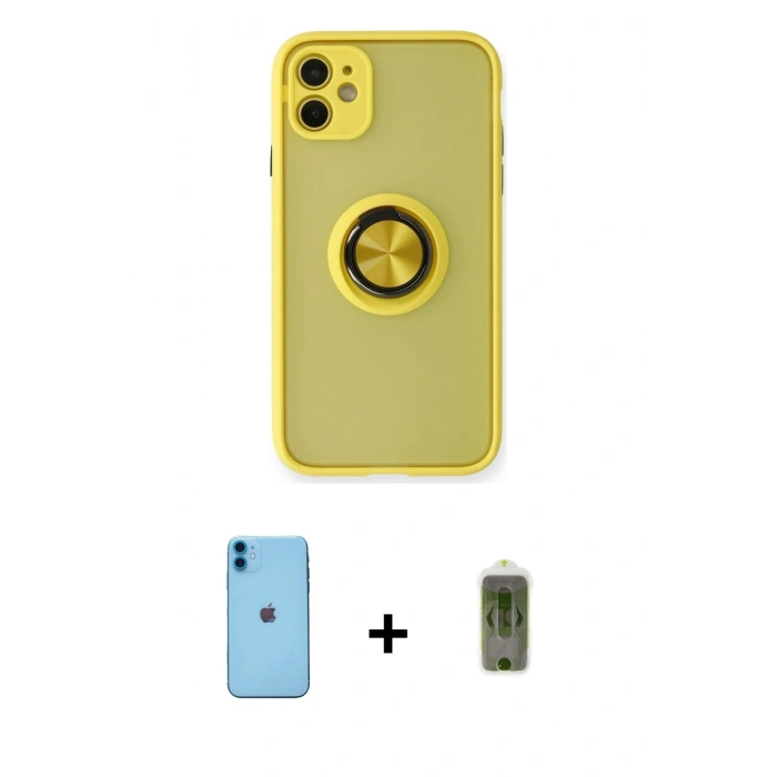 MARSİLYAN™- iPhone 11 Kılıf Yörünge Çizgi - Siyah Joko Magic 5D Hayalet Cam + Neon Fosforlu Kamera Lens - MI