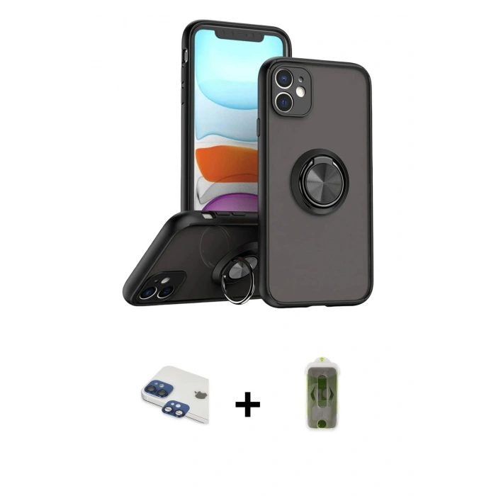 MARSİLYAN™- iPhone 11 Kılıf Yörünge Çizgi - Siyah Joko Magic 5D Hayalet Cam + Pers Alüminyum Kamera Lens - LT