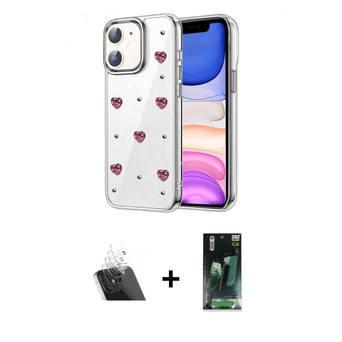 MARSİLYAN™- iPhone 11 Kılıf Yörünge Form - Şeffaf 360 Full Body Arka Koruyucu + Kamera Lens Koruma Cam - SF