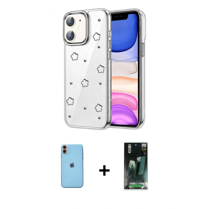 MARSİLYAN™- iPhone 11 Kılıf Yörünge Form - Şeffaf 360 Full Body Arka Koruyucu + Neon Fosforlu Kamera Lens - TU
