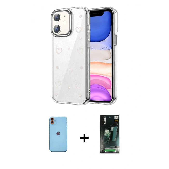 MARSİLYAN™- iPhone 11 Kılıf Yörünge Form - Şeffaf 360 Full Body Arka Koruyucu + Neon Fosforlu Kamera Lens - TU