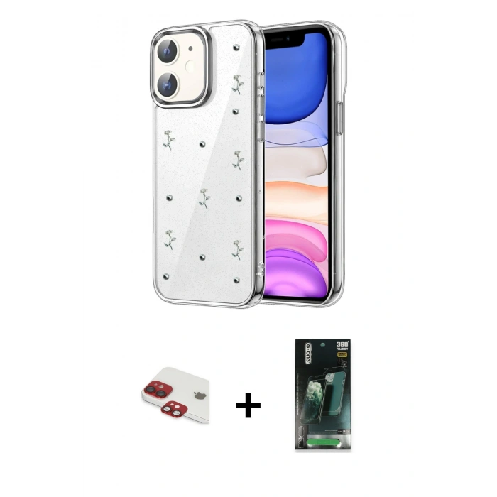 MARSİLYAN™- iPhone 11 Kılıf Yörünge Form - Şeffaf 360 Full Body Arka Koruyucu + Pers Alüminyum Kamera Lens - KI