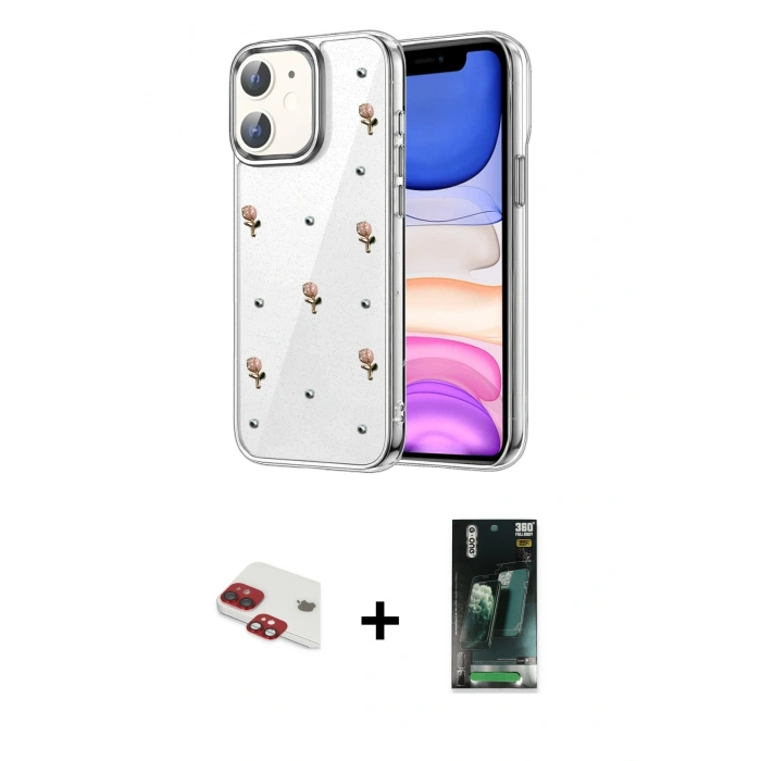 MARSİLYAN™- iPhone 11 Kılıf Yörünge Form - Şeffaf 360 Full Body Arka Koruyucu + Pers Alüminyum Kamera Lens - KI