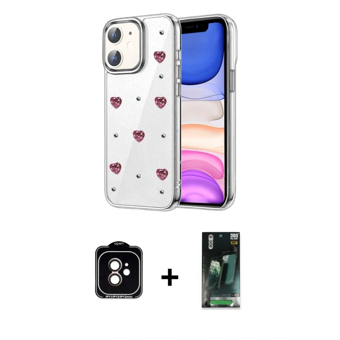 MARSİLYAN™- iPhone 11 Kılıf Yörünge Form - Şeffaf 360 Full Body Arka Koruyucu + PVD Metal Kamera Lens - TU