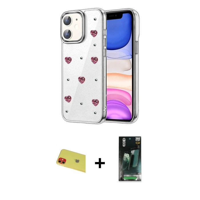 MARSİLYAN™- iPhone 11 Kılıf Yörünge Form - Şeffaf 360 Full Body Arka Koruyucu + Rainbow Kamera Lens Koruma Cam - KI