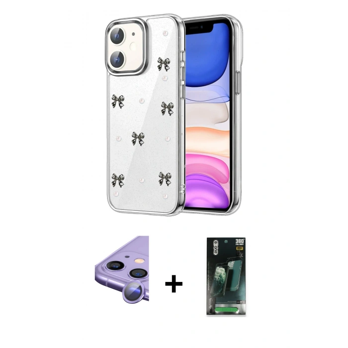 MARSİLYAN™- iPhone 11 Kılıf Yörünge Form - Şeffaf 360 Full Body Arka Koruyucu + Raze Metal Kamera Lens - MR